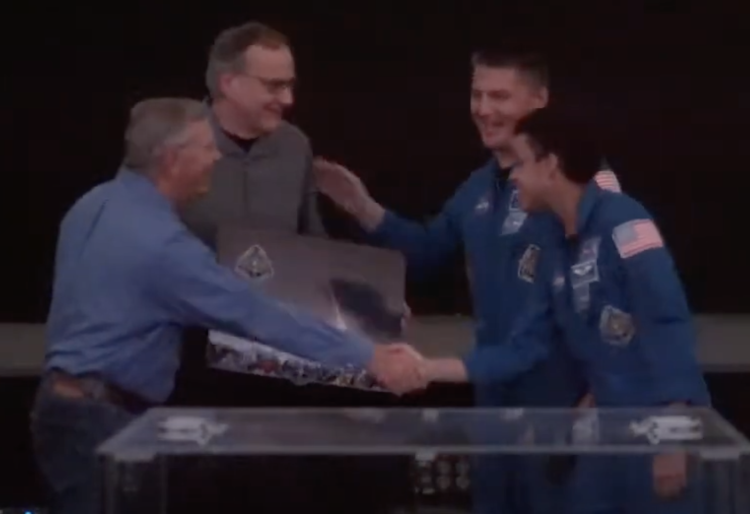  Life on the International Space Station presentation at Fiske on April 10, 2023. NASA Astronauts Dr. Watkins and Dr. Lindgren presenting the University of Colorado ɫ their mission montage and Crew 4 patch that flew during their mission on Dragon.