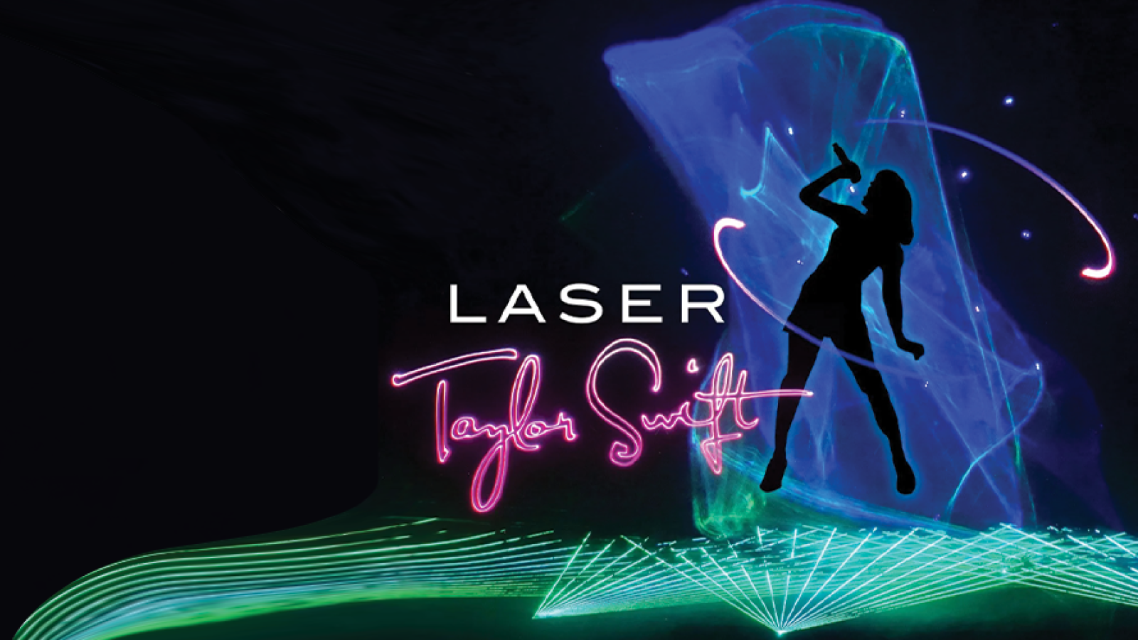 Laser Taylor Swift with green lasers and her silhouette in black against blue lasers