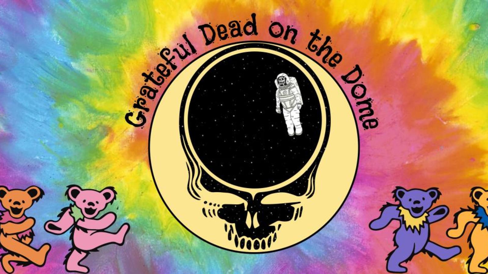 Pastel color tie-dye with dancing bears and Grateful Dead logo with astronaut