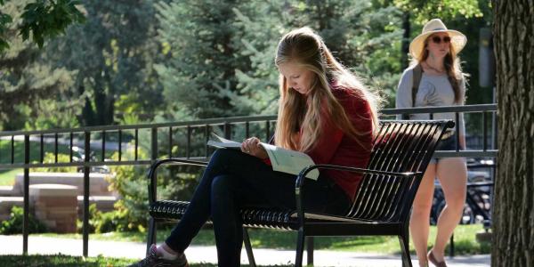 Student studying on bench outdoors