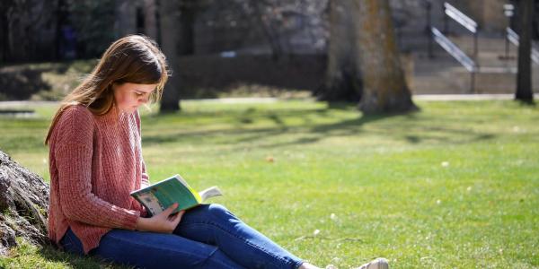 student reading while leaned against a tree on campus